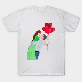 Couple Hugging While Holding Heart Shaped Balloons T-Shirt